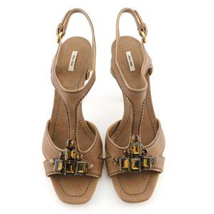 MIU MIU Crystal Gemstone Embellishment Brown T-strap Heel Pump Sandals 38.5